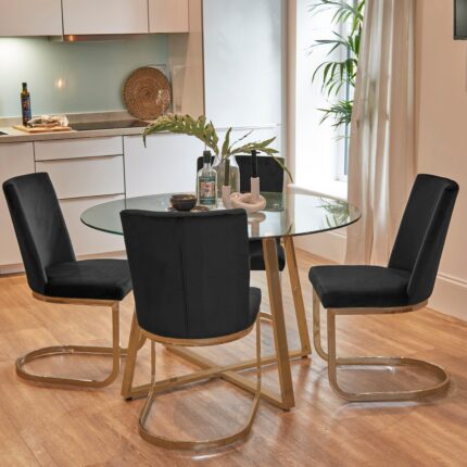 Clara Glass Dining Table Set - 4 Seater - Lola Black Dining Chairs - Gold Legs
