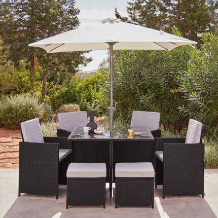 Cube 8 Seater Rattan Outdoor Dining Set with Cream Parasol - Black Weave