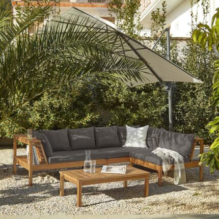 Dakota Wooden Garden Corner Sofa Set with Cream Parasol - Grey Cushions