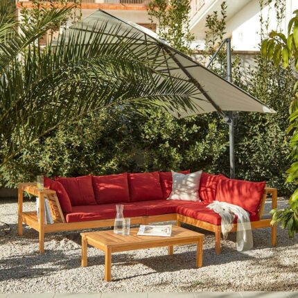 Dakota Wooden Garden Corner Sofa Set with Cream Parasol - Red Cushions