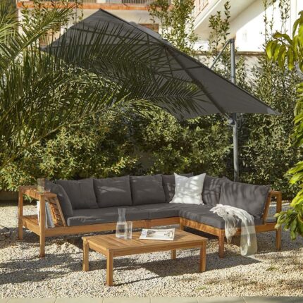 Dakota Wooden Garden Corner Sofa Set with Grey Parasol - Grey Cushions