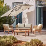 Eaden Rope Garden Conversation Set with Cream LED Premium Cantilever Parasol - Natural