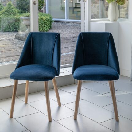 Freya Blue Velvet Dining Chairs - Set of 2 - Whitewash Oak Legs