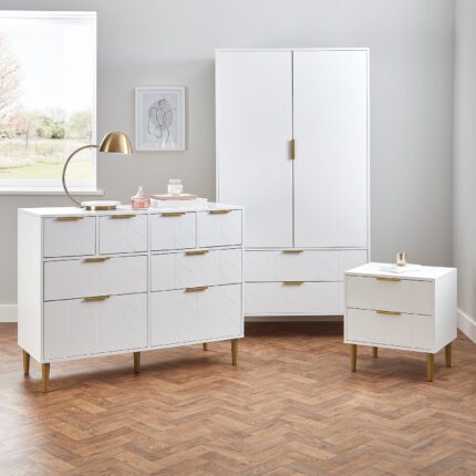 Gloria 3 Piece Bedroom Furniture Set - 4 Over 4 Chest of Drawers - White
