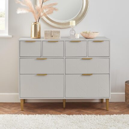 Gloria 8 Drawer Chest of Drawers - Grey & Brass Effect