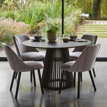 Willow Black Dining Table Set - 4 Seater - Freya Grey Dining Chairs - Black Oak Legs