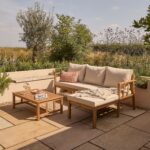 Harrelson 3 Seater Wooden Garden Chaise Corner Set - Natural Acacia and Sand