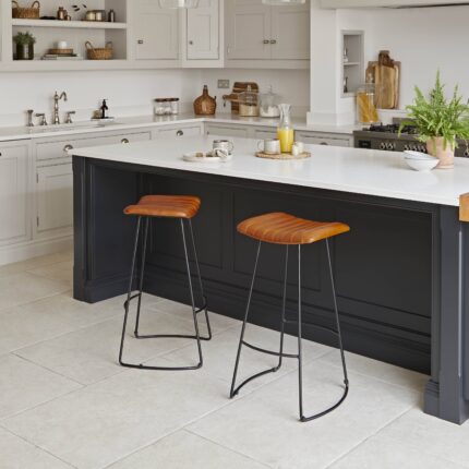 Jayden Tan Leather Tall Backless Bar Stools - Set of 2 - Black Metal Legs