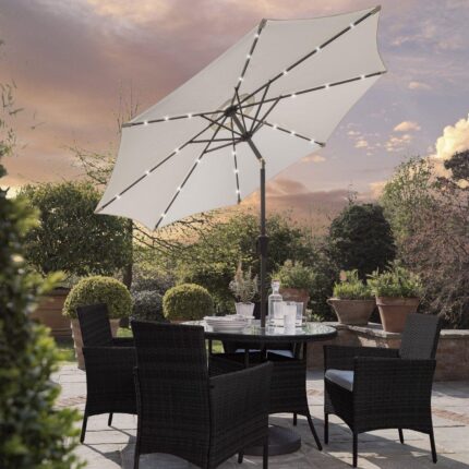 Kemble 4 Seater Rattan Round Dining Set with Cream LED Premium Parasol & Parasol Rain Cover - Black Weave
