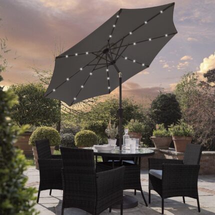 Kemble 4 Seater Rattan Round Dining Set with Grey LED Premium Parasol & Parasol Rain Cover - Black Weave