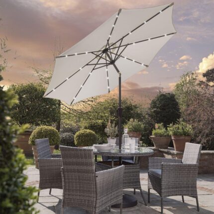 Kemble 4 Seater Rattan Round Dining Set with Cream LED Premium Parasol & Parasol Rain Cover - Grey Weave