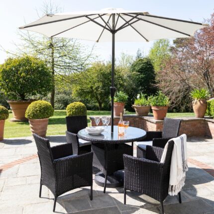 Kemble 4 Seater Rattan Round Garden Dining Set with Cream Parasol - Black Weave