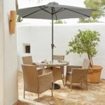 Kemble 4 Seater Rattan Round Garden Dining Set with Grey LED Premium Parasol - Natural Brown