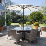 Kemble 6 Seater Rattan Round Dining Set with Cream LED Premium Parasol & Parasol Rain Cover - Grey Weave