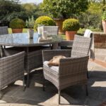 Kemble 6 Seater Rattan Round Dining Set with Cream LED Premium Parasol & Parasol Rain Cover - Grey Weave - Image 8