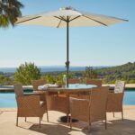 Kemble 6 Seater Rattan Round Garden Dining Set with Cream Parasol - Natural Brown