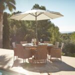 Kemble 8 Seater Rattan Round Garden Dining Set with Cream Parasol - Natural Brown