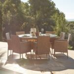Kemble 8 Seater Rattan Round Garden Dining Set with Grey Parasol - Natural Brown Weave - Image 2