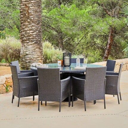 Kemble 8 Seater Round Garden Dining Set - Black