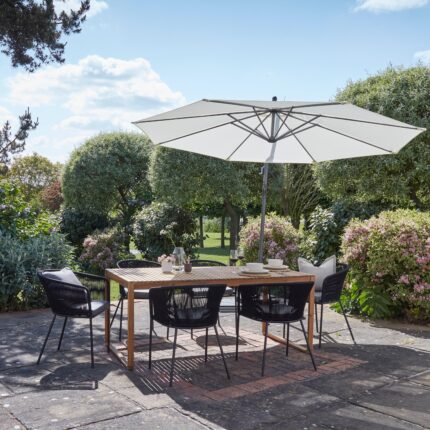 Lennox Table with 6 Hali Black Dining Chairs & Cream Lean Over Parasol