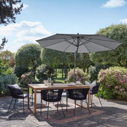 Lennox Table with 6 Hali Black Dining Chairs & Grey Lean Over Parasol