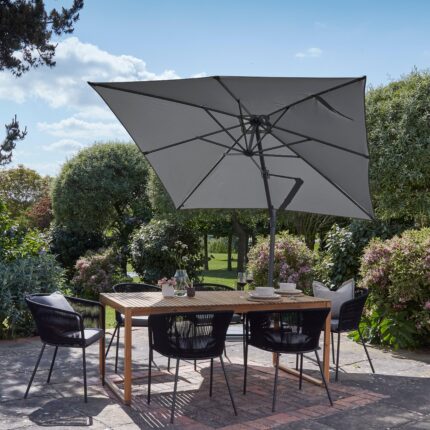 Lennox Table with 6 Hali Black Dining Chairs & Grey LED Premium Parasol