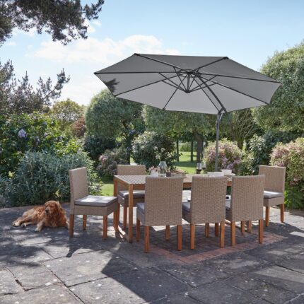 Lennox Table with 8 Oliver Dining Chairs with Grey Lean Over Parasol