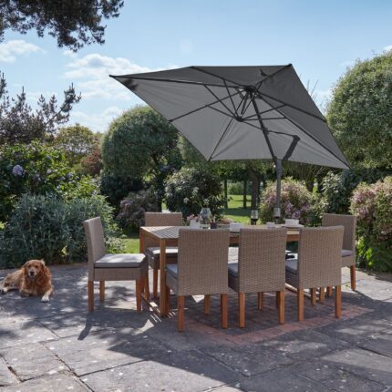 Lennox Table with 8 Oliver Dining Chairs with Grey LED Premium Parasol