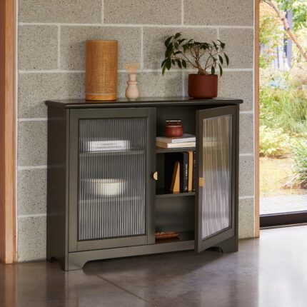 Outlet - Lua Narrow 2 Door Sideboard In Fir Green With Fluted Glass