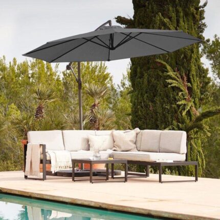 Maia 5 Seater Garden Interchangeable Sofa Set with Grey Lean Over Parasol - Black