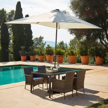 Marston 4 Seater Rattan Garden Dining Set with Cream LED Premium Parasol - Grey - Glass Top