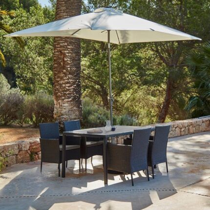 Marston 4 Seater Rattan Garden Dining Set with Cream Parasol - Black - Polywood Top