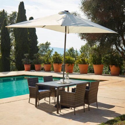Marston 4 Seater Rattan Garden Dining Set with Cream Parasol - Grey - Polywood Top
