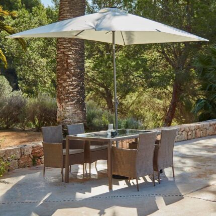 Marston 4 Seater Rattan Garden Dining Set with Cream Parasol - Natural Brown - Glass Top