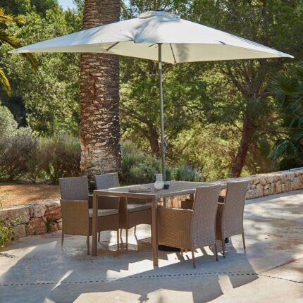 Marston 4 Seater Rattan Garden Dining Set with Cream Parasol - Natural Brown - Polywood Top