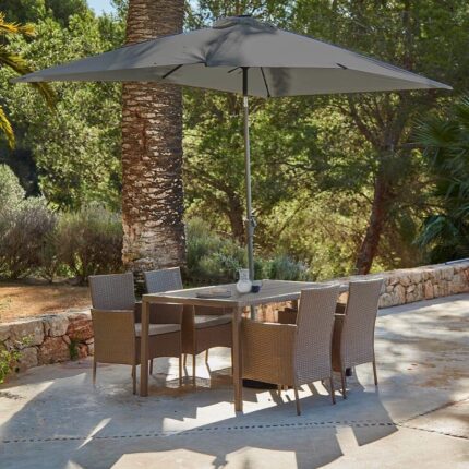 Marston 4 Seater Rattan Garden Dining Set with Grey LED Premium Parasol - Natural Brown - Polywood Top