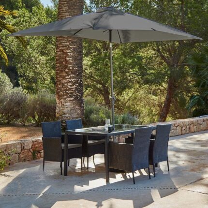 Marston 4 Seater Rattan Garden Dining Set with Grey Parasol - Black - Glass Top