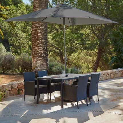 Marston 4 Seater Rattan Garden Dining Set with Grey Parasol - Black - Polywood Top