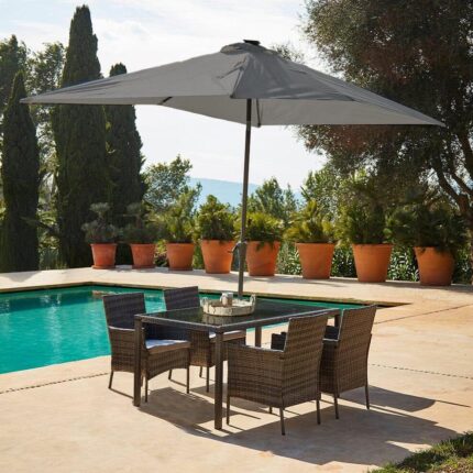 Marston 4 Seater Rattan Garden Dining Set with Grey Parasol - Grey - Glass Top