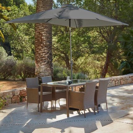 Marston 4 Seater Rattan Garden Dining Set with Grey Parasol - Natural Brown - Glass Top