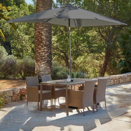 Marston 4 Seater Rattan Garden Dining Set with Grey Parasol - Natural Brown - Polywood Top
