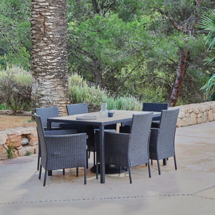 Marston 6 Seater Rattan Garden Dining Set - Black - Polywood Top