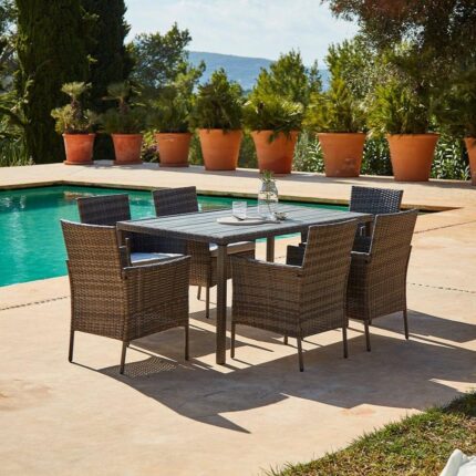 Marston 6 Seater Rattan Garden Dining Set - Grey - Polywood Top