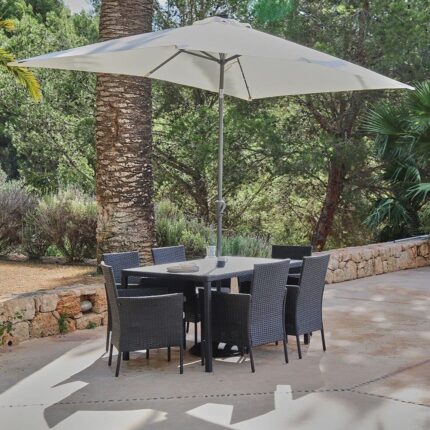 Marston 6 Seater Rattan Garden Dining Set with Cream LED Premium Parasol - Black - Polywood Top