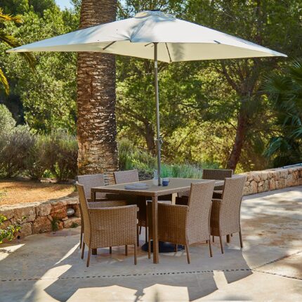 Marston 6 Seater Rattan Garden Dining Set with Cream LED Premium Parasol - Natural Brown - Polywood Top
