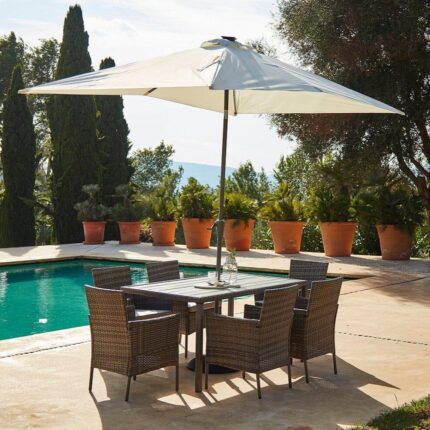 Marston 6 Seater Rattan Garden Dining Set with Cream Parasol - Grey - Polywood Top