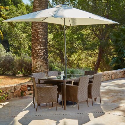 Marston 6 Seater Rattan Garden Dining Set with Cream Parasol - Natural Brown - Glass Top