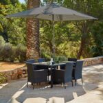Marston 6 Seater Rattan Garden Dining Set with Grey LED Premium Parasol - Black - Glass Top