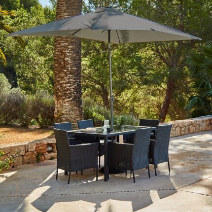 Marston 6 Seater Rattan Garden Dining Set with Grey LED Premium Parasol - Black - Glass Top
