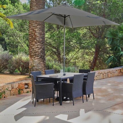 Marston 6 Seater Rattan Garden Dining Set with Grey LED Premium Parasol - Black - Polywood Top